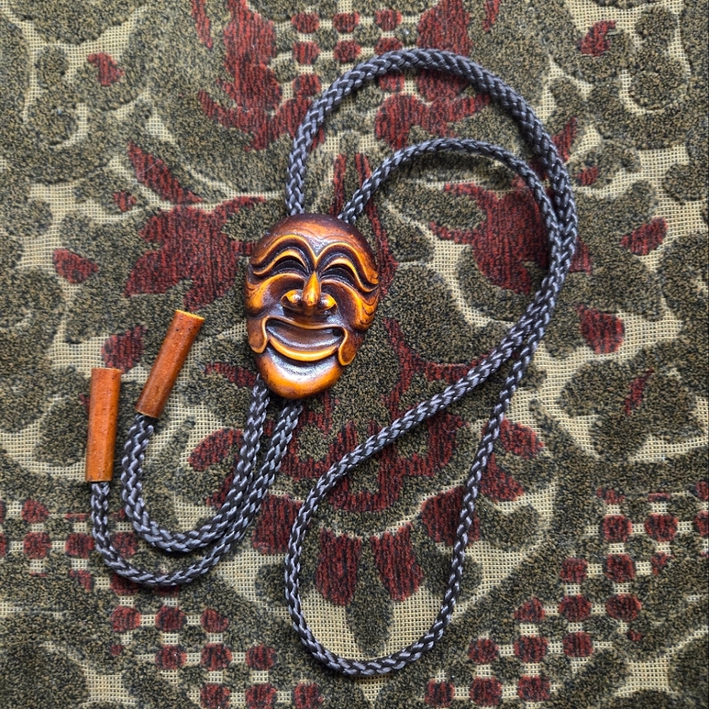 Bolo Tie Carved Wood Korean Theatre Mask Signed Pendant Hahoe Mask Asian Art